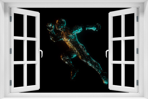 Fototapeta Naklejka Na Ścianę Okno 3D - Sports background, a figure of a man in a running pose, on a neon background, dark background. Sports training, healthy lifestyle, competition, 3D render, 3D illustration, copy space.