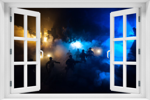 Fototapeta Naklejka Na Ścianę Okno 3D - War Concept. Battle scene on war fog sky background, Fighting silhouettes Below Cloudy Skyline at night.