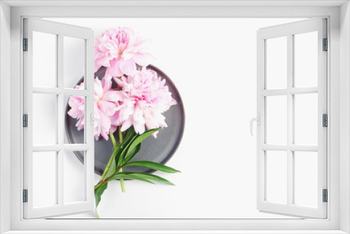 Fototapeta Naklejka Na Ścianę Okno 3D - beautiful fresh cut peony flowers lie on a gray dish. minimalistic composition on a white background, flat lay