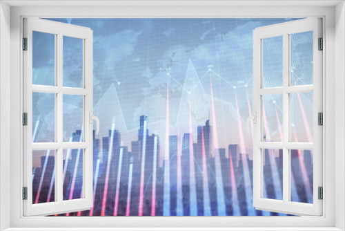 Fototapeta Naklejka Na Ścianę Okno 3D - Forex chart on cityscape with skyscrapers wallpaper double exposure. Financial research concept.