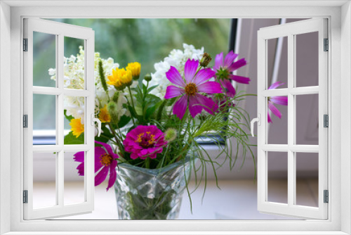 Fototapeta Naklejka Na Ścianę Okno 3D - summer blossom season. meadow flowers bouquet on window