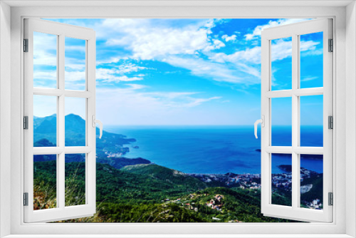 Fototapeta Naklejka Na Ścianę Okno 3D - panoramic view of the Mediterranean bay from the top of the mountain. The city in the bottom of the hill right on the seashore. Landscape background