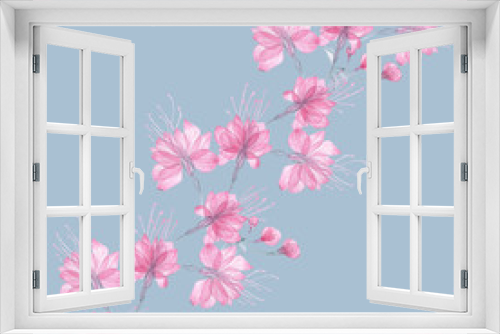 Fototapeta Naklejka Na Ścianę Okno 3D - Seamless pattern transparent rose flowers and Apple blossoms on a white background, pink roses, x-ray flowers, pink Sakura flowers, lilac and blue stems and leaves, floral pattern for printing 