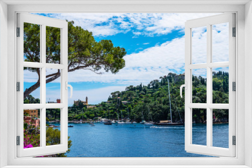 Fototapeta Naklejka Na Ścianę Okno 3D - Scenic picture-postcard view of famous with wonderful gulf, luxury villas in mediterranean garden, rock and boats, yachts in spectacular vacation resort, Portofino, Liguria, Italy, Europe.