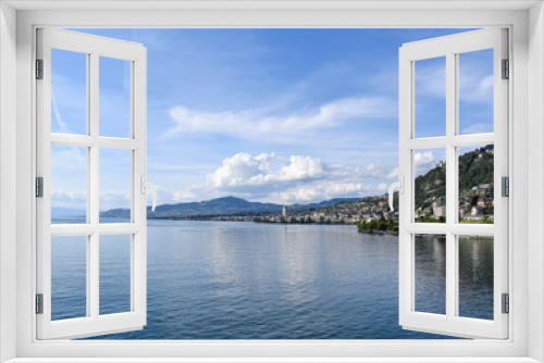 Fototapeta Naklejka Na Ścianę Okno 3D - Veytaux, Switzerland-September 6, 2019: View of Montreux and the shores of Lake Léman.