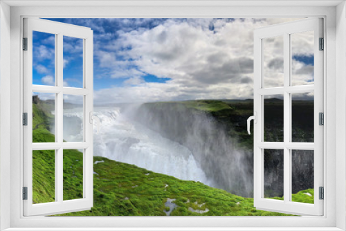 Fototapeta Naklejka Na Ścianę Okno 3D - Panoramic view of Gullfoss waterfall on the Hvítá river, a popular tourist attraction and part of the Golden Circle Tourist Route in Southwest Iceland. Golden Waterfall.