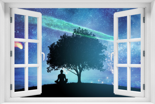 Fototapeta Naklejka Na Ścianę Okno 3D - Yoga cosmic space meditation illustration, silhouette of man practicing outdoors at night