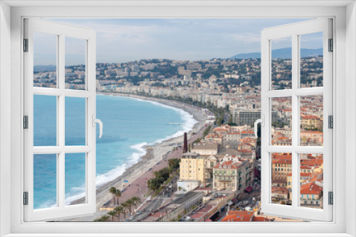 Fototapeta Naklejka Na Ścianę Okno 3D - Luxury resort of French riviera. Beautiful panorama city of Nice in France. Sunny, summer day. Mediterranean sea, public beach, famous quay, palms and houses of Nice.