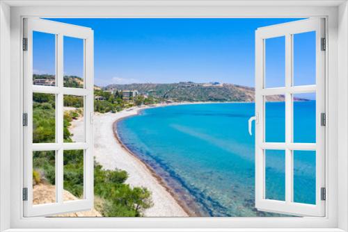 Fototapeta Naklejka Na Ścianę Okno 3D - Cyprus. Beach at Pissouri. View of the Cyprus beach from the drone. Village of Pissouri. Resorts at the foot of mountain. Sand beach. Blue loguna of the Mediterranean Sea. Cruises to island of Cyprus