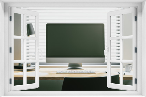 Computer with blank screen on white desk, chair and lamp. Mockup. 3D Rendering