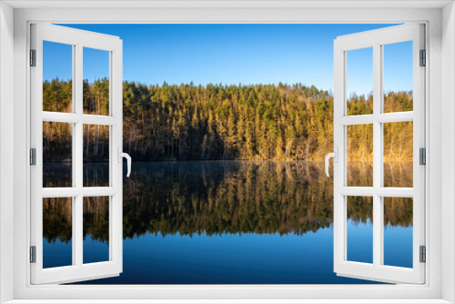 Fototapeta Naklejka Na Ścianę Okno 3D - Mirroring forest and blue sky on calm surface of pond