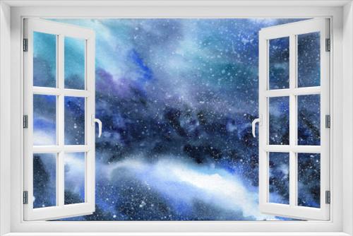 Fototapeta Naklejka Na Ścianę Okno 3D - Abstract watercolor , fantasy background. A deep space of turquoise and blue colors with a spray of white stars. Hand drawn