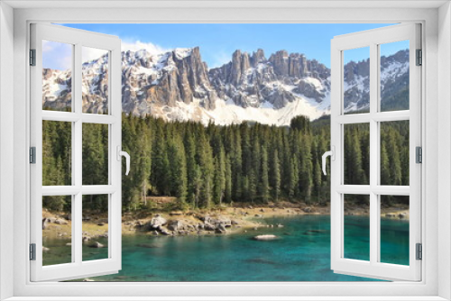 Fototapeta Naklejka Na Ścianę Okno 3D - Lake Carezza and Dolomites Alps, Italy