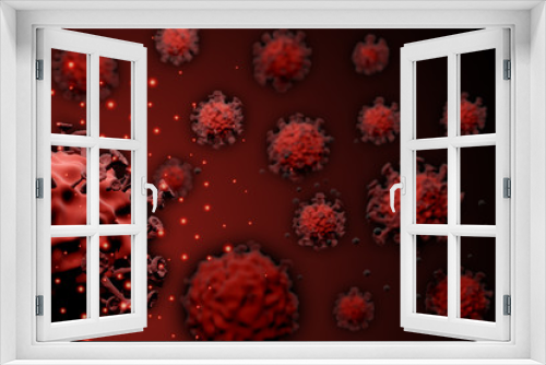 Microscopic virus close-up. Coronavirus disease (COVID-19) outbreak concept. 3D rendering image.