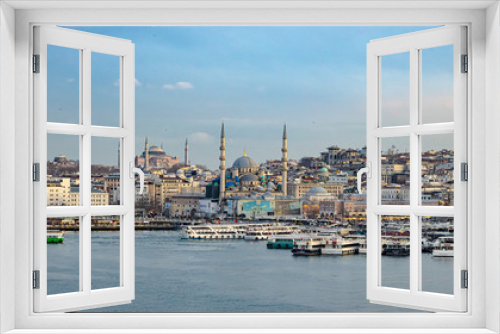 Fototapeta Naklejka Na Ścianę Okno 3D - View Of Istanbul, Hagia Sophia and Blue Mosque, Boats in port, Sunset, City and Old Buildings