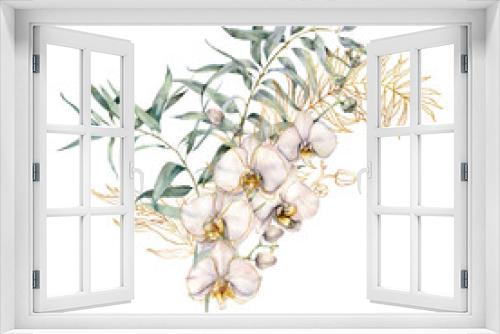 Fototapeta Naklejka Na Ścianę Okno 3D - Watercolor line art bouquet with golden eucalyptus and orchids. Hand painted tropical card with flowers and leaves isolated on white background. Floral illustration for design, print, background.