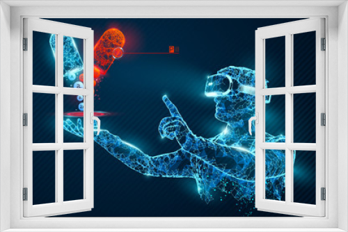 Fototapeta Naklejka Na Ścianę Okno 3D - VR wireframe headset vector banner. Polygonal man wearing virtual reality glasses, with holographic of pills. Science, diagnostics, virtual analytics, analysis. VR games. Thank you for watching