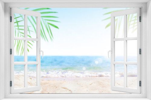 Fototapeta Naklejka Na Ścianę Okno 3D - Sand with blurred Palm and tropical beach bokeh background, Summer vacation and travel concept. Copy space
