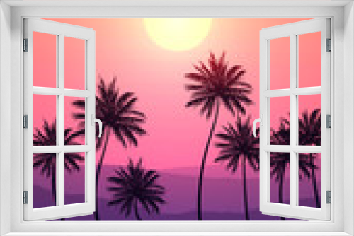 Fototapeta Naklejka Na Ścianę Okno 3D - Natural Coconut trees. Mountains horizon hills. Silhouettes of palm trees and hills. Sunrise and sunset. Landscape wallpaper. Illustration vector style. Colorful view background.