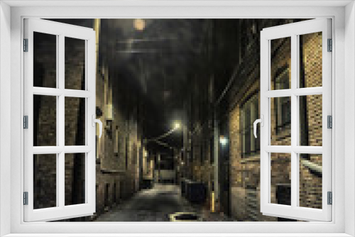 Fototapeta Naklejka Na Ścianę Okno 3D - Dark and eerie urban city alley at night 