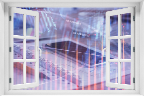 Double exposure of forex chart drawing and cell phone background. Concept of financial data analysis