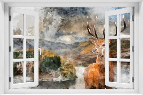 Fototapeta Naklejka Na Ścianę Okno 3D - Digital watercolor painting of Majestic Autumn Fall landscape of Hawes Water with red deer stag Cervus Elpahus in foreground