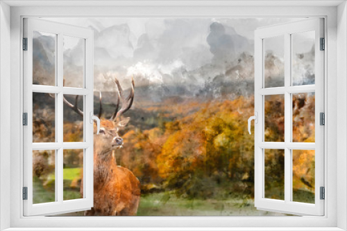 Fototapeta Naklejka Na Ścianę Okno 3D - Digital watercolor painting of Stunning Autumn Fall landscape of woodland in with majestic red deer stag Cervus Elaphus in foreground