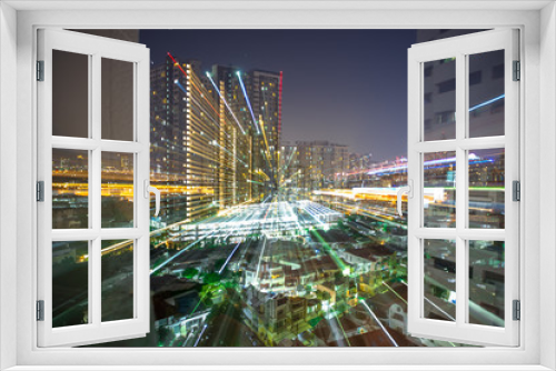 Fototapeta Naklejka Na Ścianę Okno 3D - Blurred abstract background of light lines from the capital's residences in condominiums, offices, street lights from shopping malls, nighttime beauty