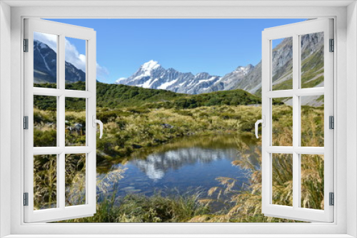 Fototapeta Naklejka Na Ścianę Okno 3D - Reflecting view of Mount Cook in a pond, New Zealand