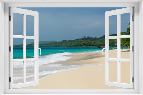 Fototapeta Naklejka Na Ścianę Okno 3D - Beach landscape with sand, white foam waves, palm trees, blue sky, turquoise water and clouds, paradise Caribbean coast of Dominican republic 