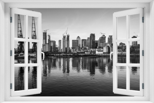 Fototapeta Naklejka Na Ścianę Okno 3D - Black and white skyscrapers in London, Canary Wharf
