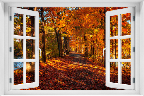 Fototapeta Naklejka Na Ścianę Okno 3D - Fall Foliage at Feeder Dam Canal Glens Falls Upstate New York path road