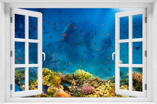 Fototapeta Naklejka Na Ścianę Okno 3D - Group of scuba divers exploring coral reef. Underwater sports and tropical vacation concept