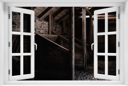 Fototapeta Naklejka Na Ścianę Okno 3D - Inside Abandoned Stable, Light and Shadow