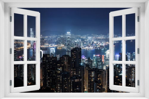 Fototapeta Naklejka Na Ścianę Okno 3D - Filtered  aerial night view on Hong Kong - skyscrapers from the  the Peak .  Amazing   illuminated city