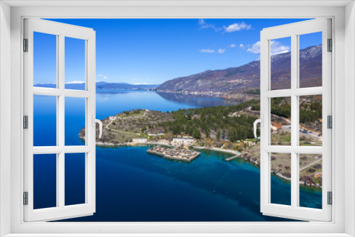 Fototapeta Naklejka Na Ścianę Okno 3D - Aerial view of Museum on water in the Bay of Bones on the Ohrid Lake in North Macedonia
