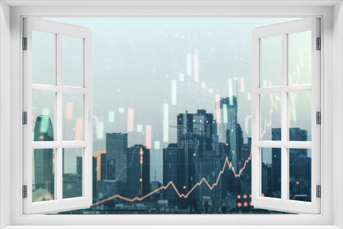 Fototapeta Naklejka Na Ścianę Okno 3D - Abstract creative financial graph interface and world map on Los Angeles skyline background, forex and investment concept. Multiexposure