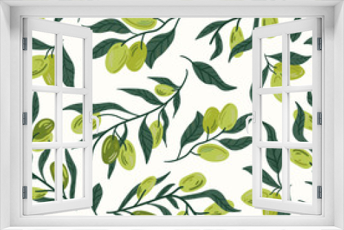 Fototapeta Naklejka Na Ścianę Okno 3D - Green olives on a branch vector illustrations. Seamless pattern background. hand draw cartoon Scandinavian nordic design style for fashion or interior or cover or textile.