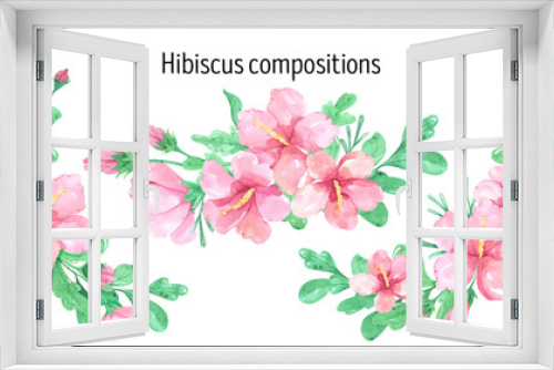 Fototapeta Naklejka Na Ścianę Okno 3D - Watercolor pink hibiscus clipart. Hawaii fowers illustrations. Hibiscus and leaves compositions. Tropical floral wreath, exotic botany frame. Summer flower composition, paradise plants