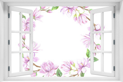 Fototapeta Naklejka Na Ścianę Okno 3D - Wreath with pink magnolia flowers and leaves. Round wreath with Magnolia Flowers