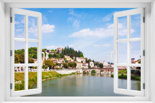 Fototapeta Naklejka Na Ścianę Okno 3D - Ponte Pietra, Verona, with hill and river, Verona City
