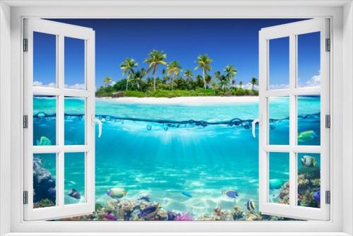 Fototapeta Naklejka Na Ścianę Okno 3D - Tropical Island And Coral Reef - Split View With Waterline
