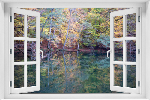Fototapeta Naklejka Na Ścianę Okno 3D - Lake and forest nature view. Autumn and forest view camping outdoors. seven lakes in Turkey. Lush greenery reflection in water surface of primeval forest lake 