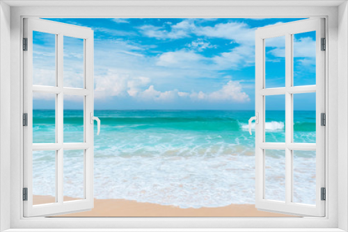 Fototapeta Naklejka Na Ścianę Okno 3D - Beautiful tropical beach with blue sky and white clouds abstract texture background. Copy space of summer vacation and holiday business travel concept.