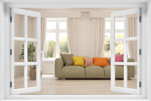 White living room with sofa and summer landscape in window. Scandinavian interior design. 3D illustration