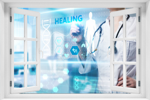 Modern technology in healthcare, medical diagnosis. HEALING inscription on virtual screen.