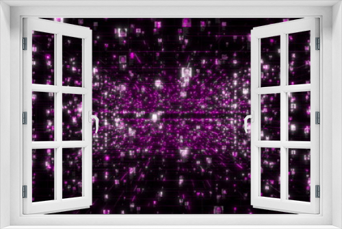 Social network as a flow of bright unrecognizable people portraits moving along purple network grid. Business, technology or social media motion background. 3D rendering video