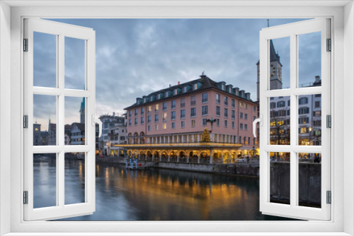 Fototapeta Naklejka Na Ścianę Okno 3D - View of Zurich city center with famous historical houses and river Limmat, Canton of Zurich, Switzerland