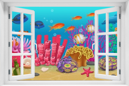 Fototapeta Naklejka Na Ścianę Okno 3D - Large set of coral reef with algae tropical fish and corals. Vector illustration in cartoon style.