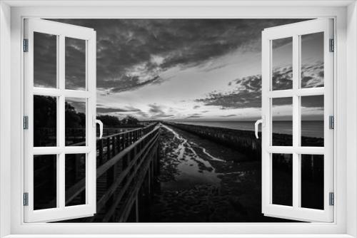 Fototapeta Naklejka Na Ścianę Okno 3D - Black and white photography of a beach wooden pier,Black and white photography of the Bridge in Burgas, Added Noise